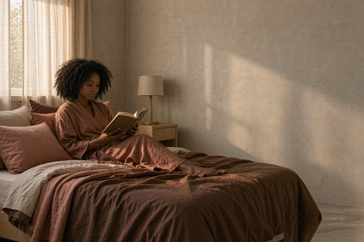 A woman reading in bed dressed in cocoa and clay linen on a slow afternoon